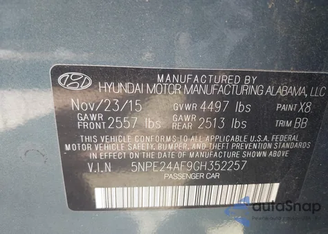 2016 Hyundai Sonata Se из США, поврежденный, VIN 5NPE24AF9GH352257